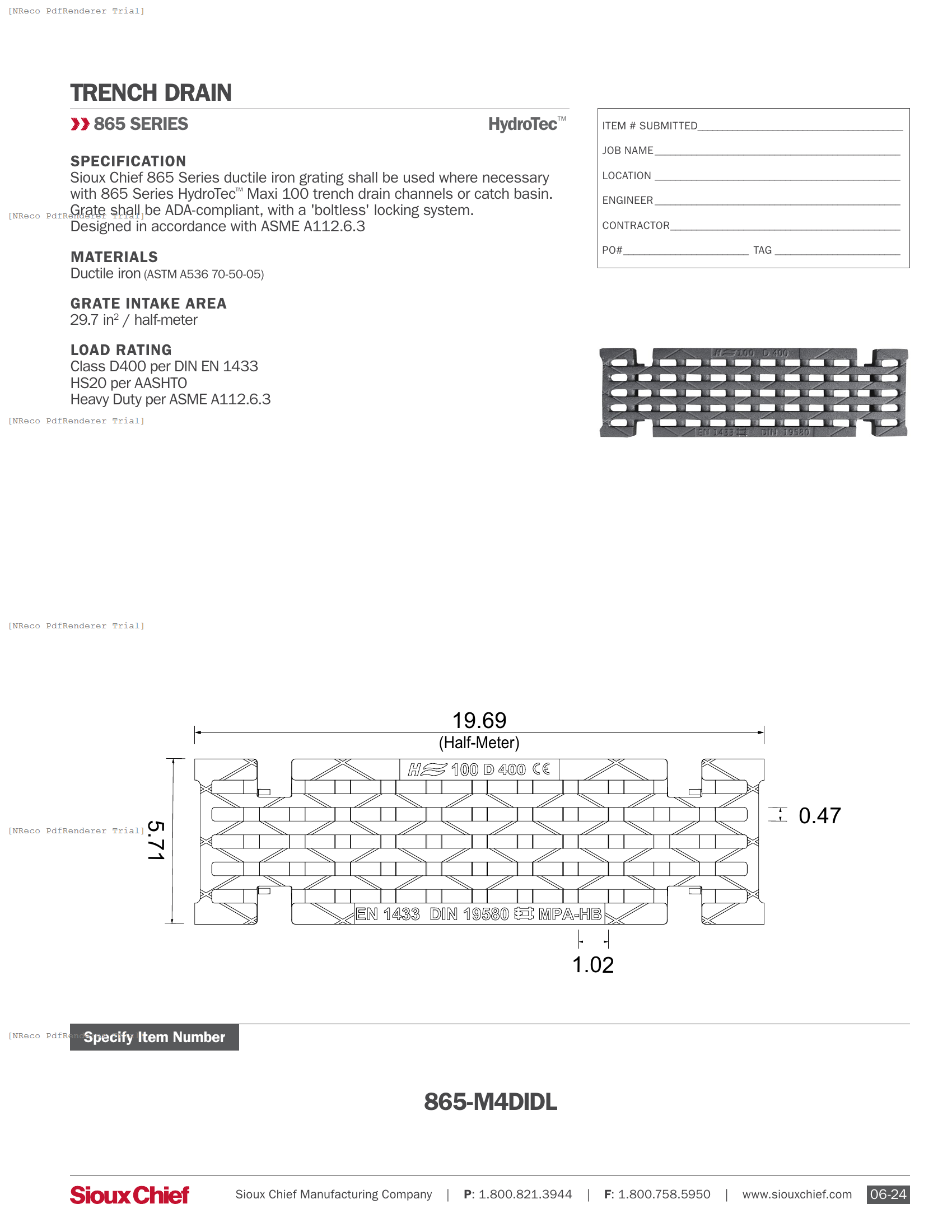 865-M4DIDL - HYDROTEC MAXI 100 GRATE CLASS D400 - SPEC SHEET.PDF Specification Document